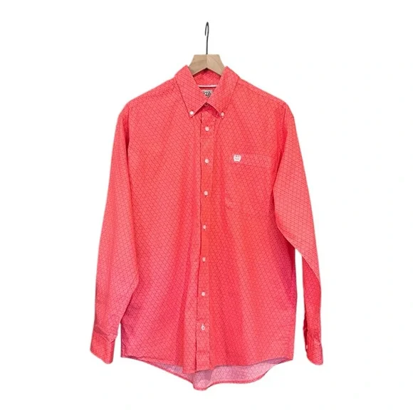 Cinch Shirt Red Orange Hexagon Geometric Button Down Western Rodeo Men’s Small - Picture 1 of 10